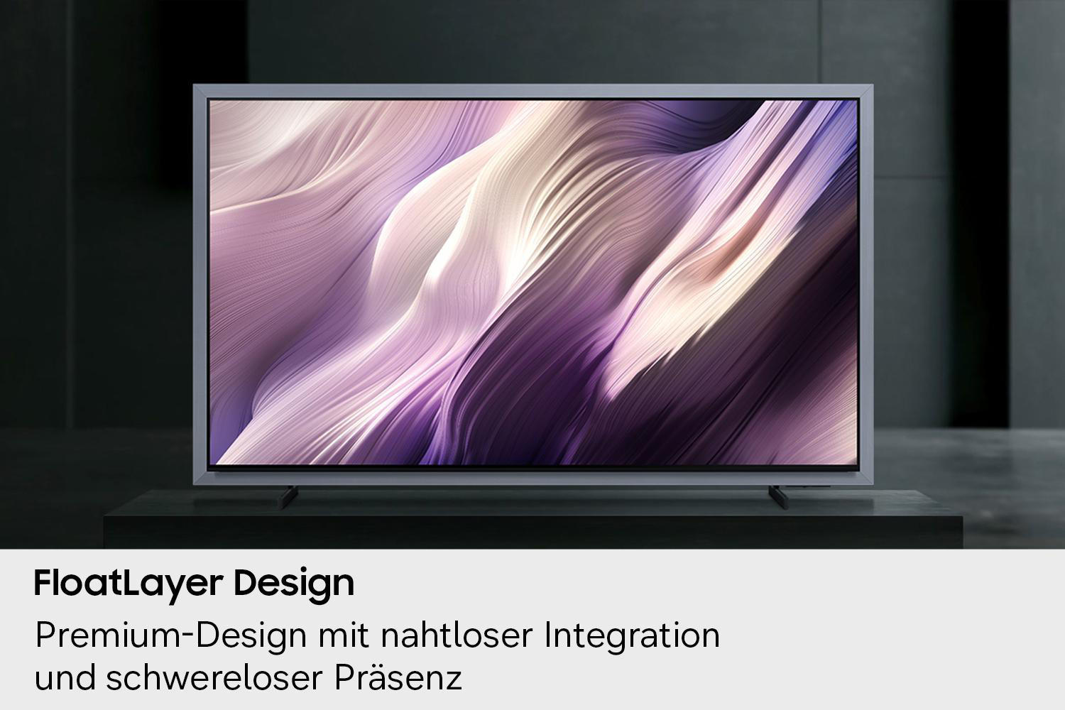 Moderner Fernseher mit abstraktem violettem Bildschirm und Text unten.