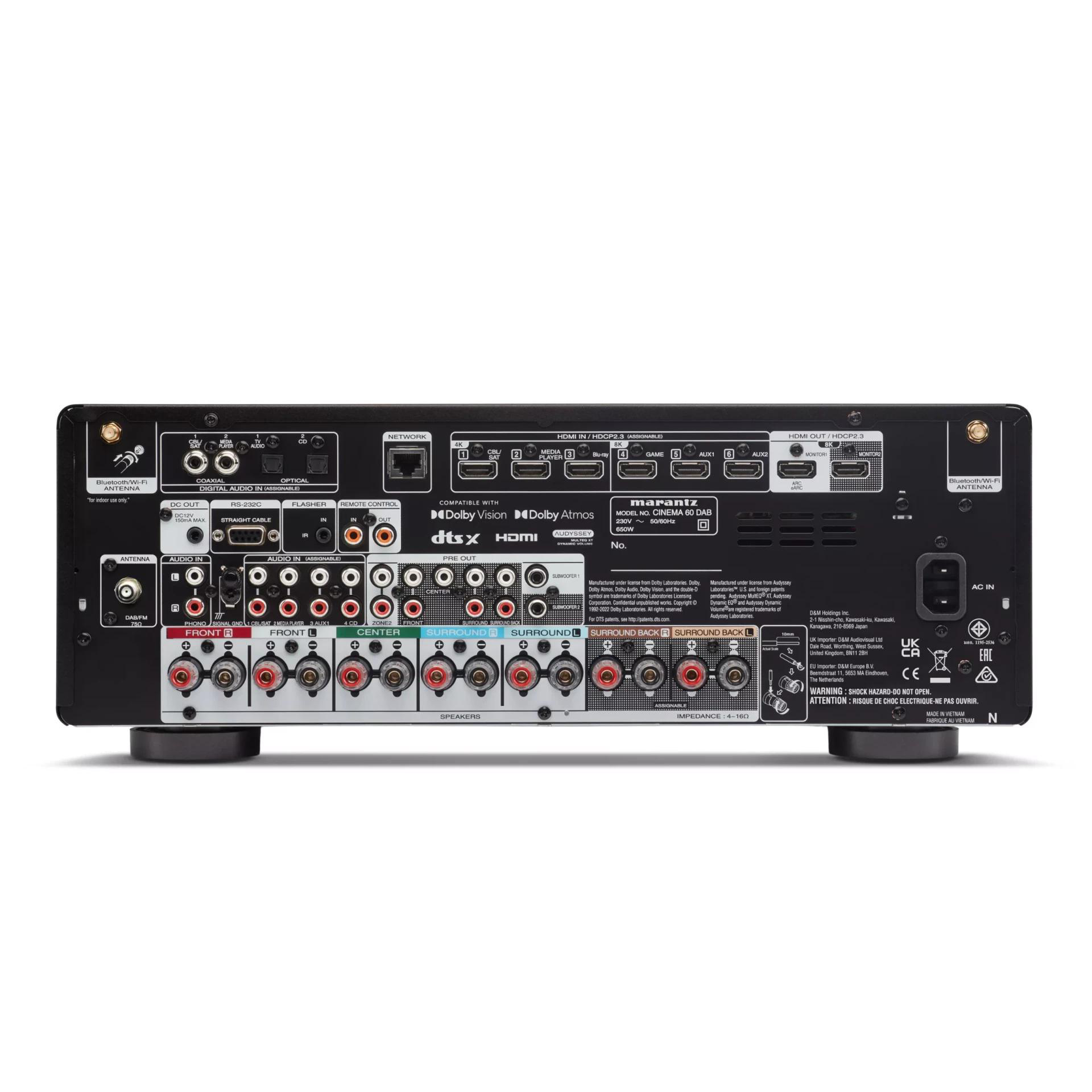 Rückseite eines Marantz AV-Receivers mit verschiedenen Audio- und Video-Anschlüssen.