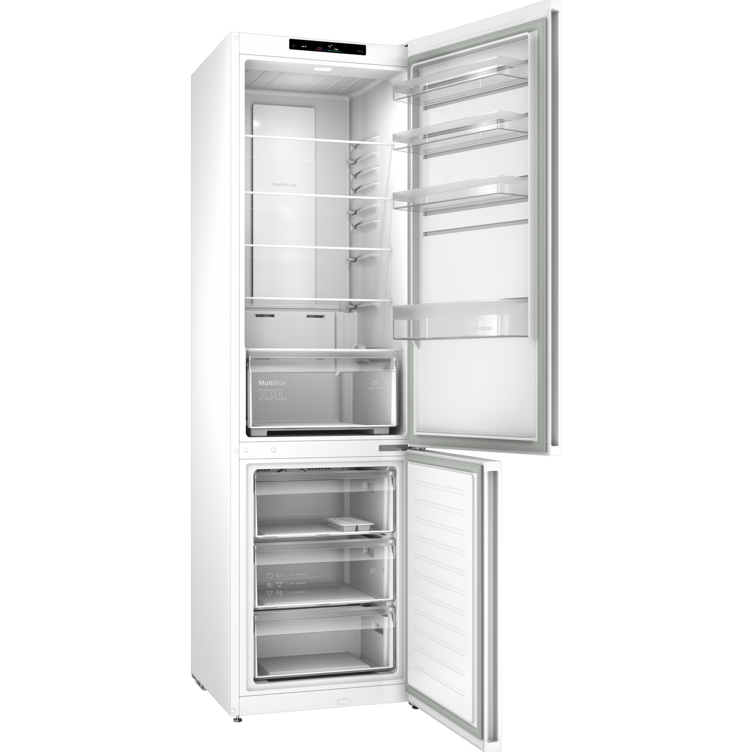 Open white refrigerator with empty shelves, MultiBox XXL, and freezer drawers.