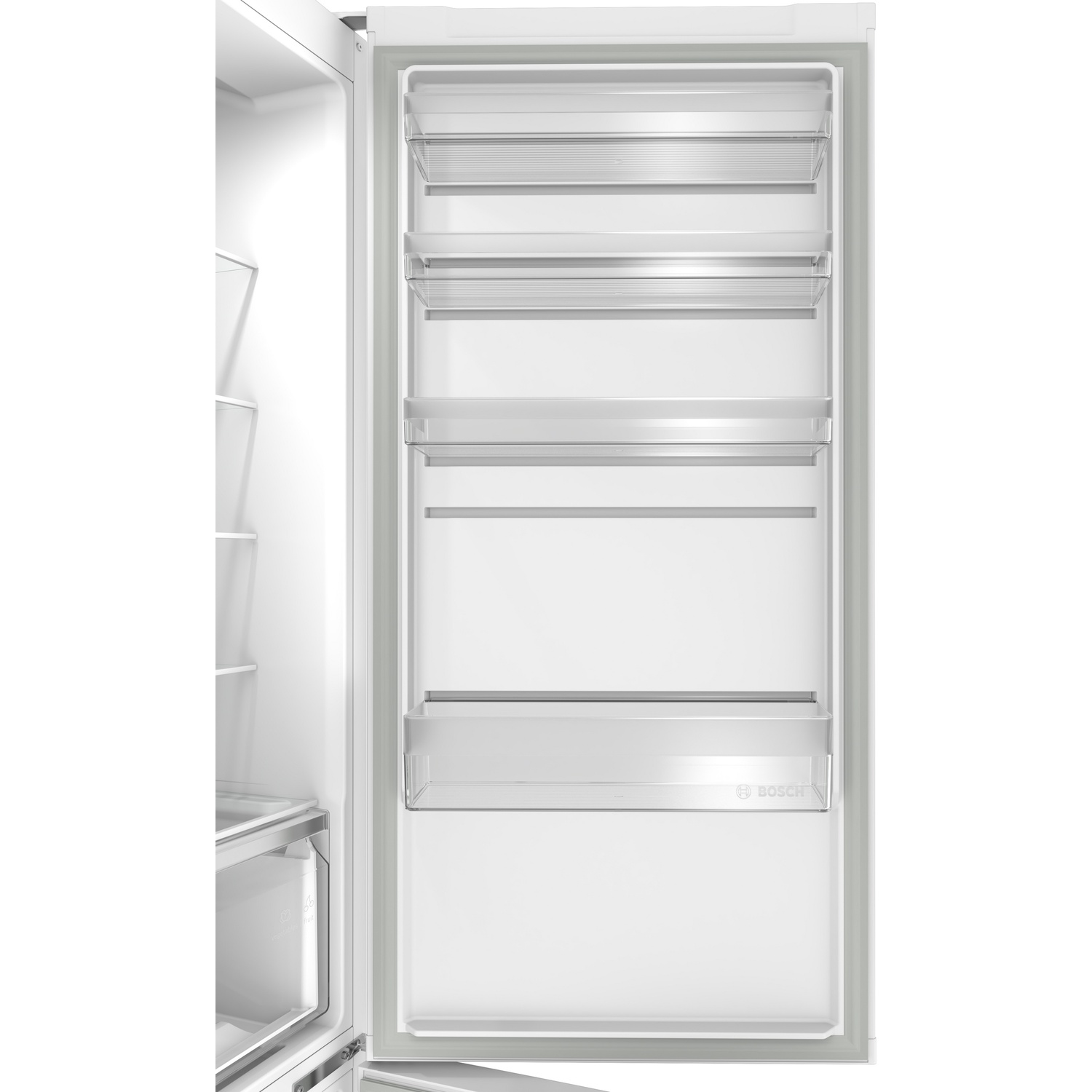 Open white refrigerator door with transparent storage shelves.