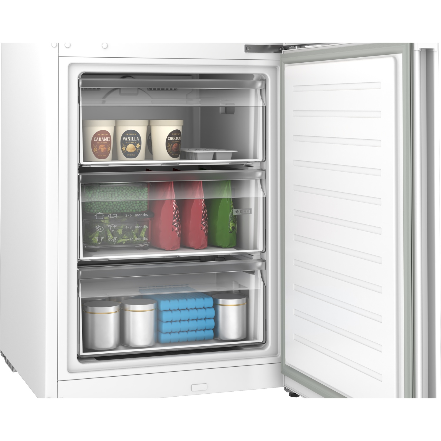 Open white freezer with three transparent drawers filled with ice cream, vegetables, and containers.