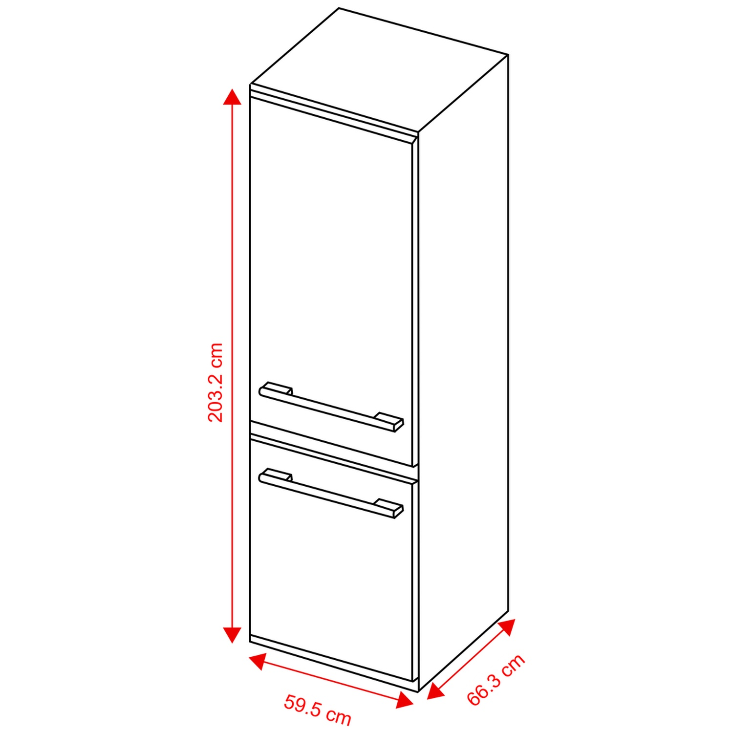 Technical line drawing of a tall cabinet with dimensions 203.2 x 59.5 x 66.3 cm.