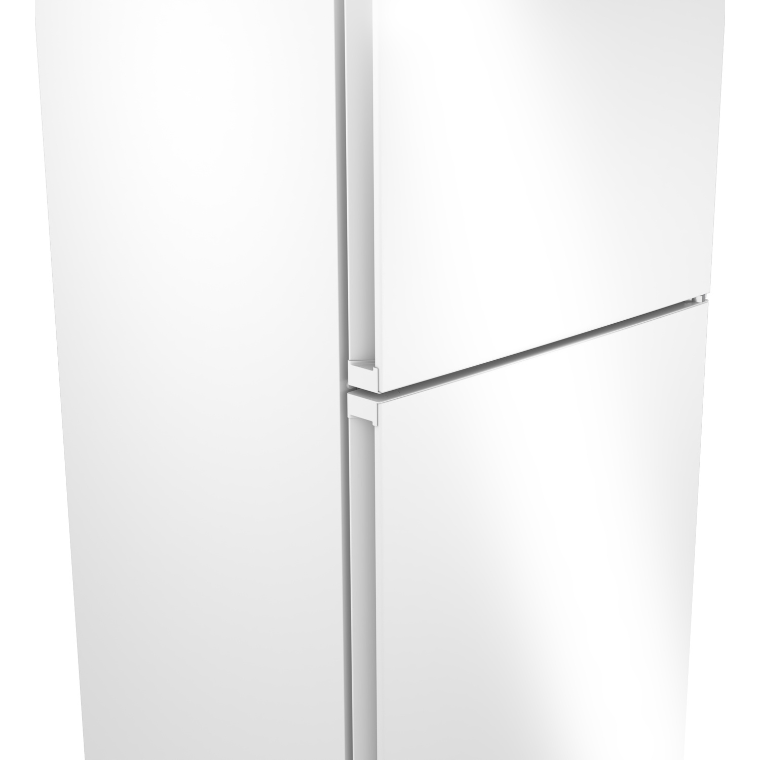 A white refrigerator with two doors and side handles.