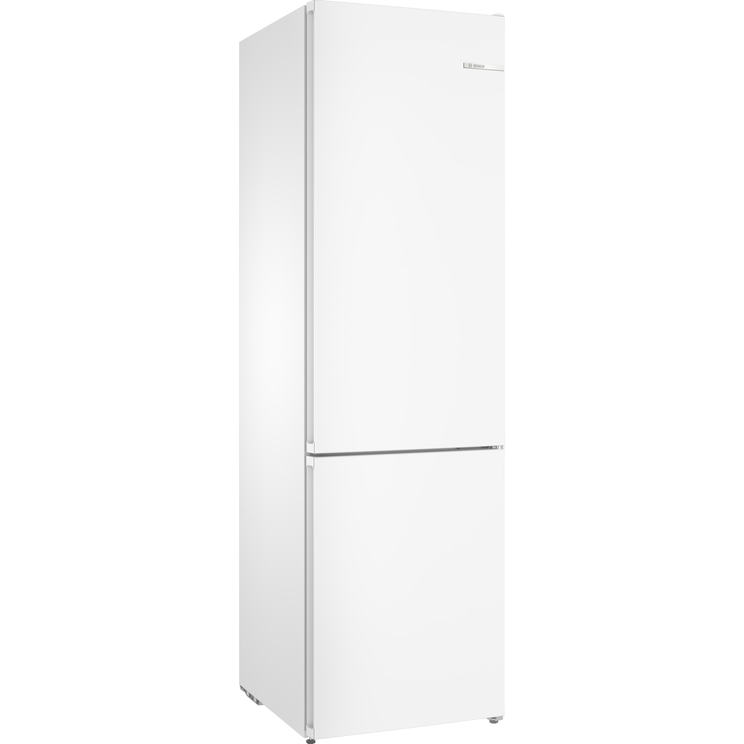 A white Bosch refrigerator with a bottom freezer stands against a white background.