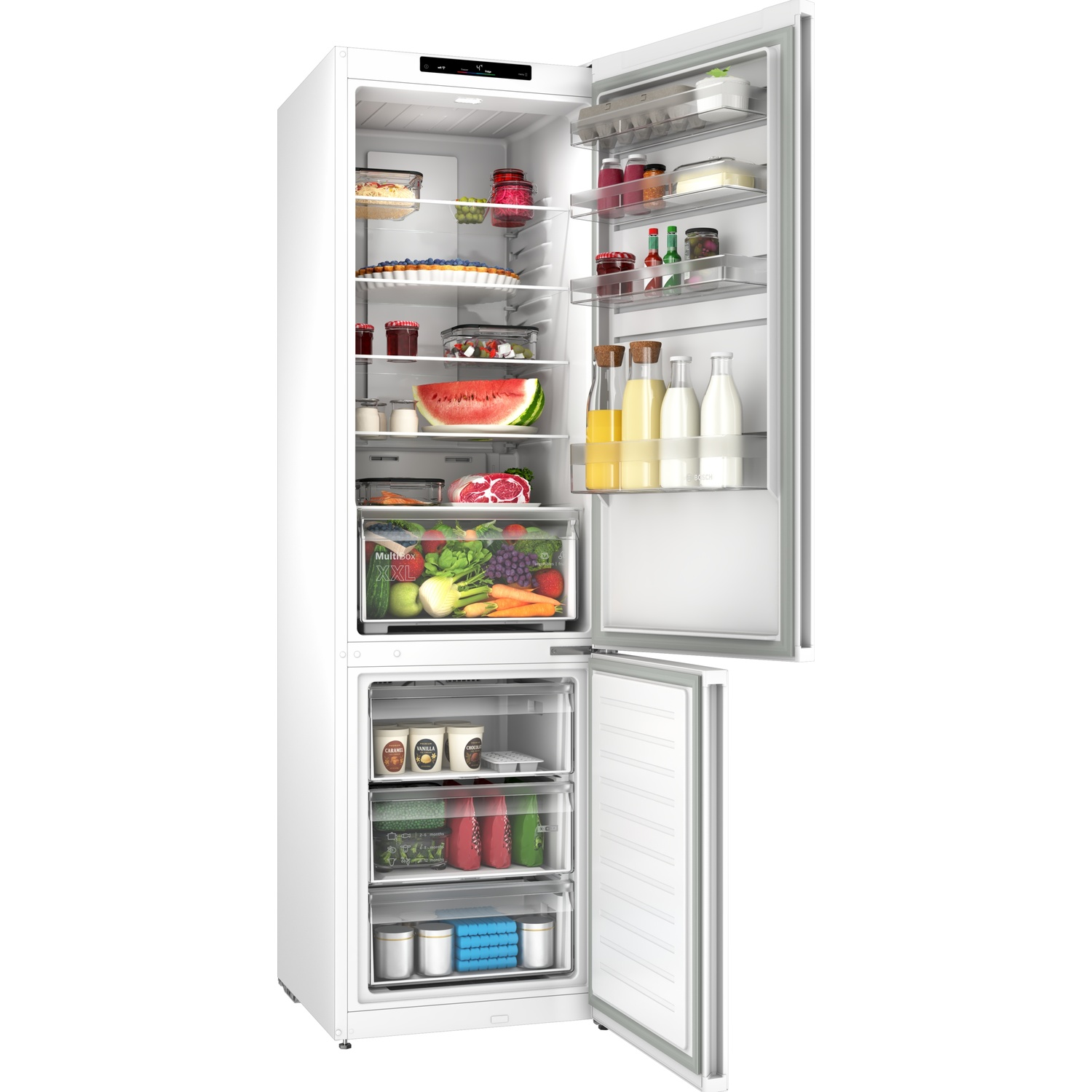A white open refrigerator filled with food items like fruits, vegetables, and bottles on shelves.