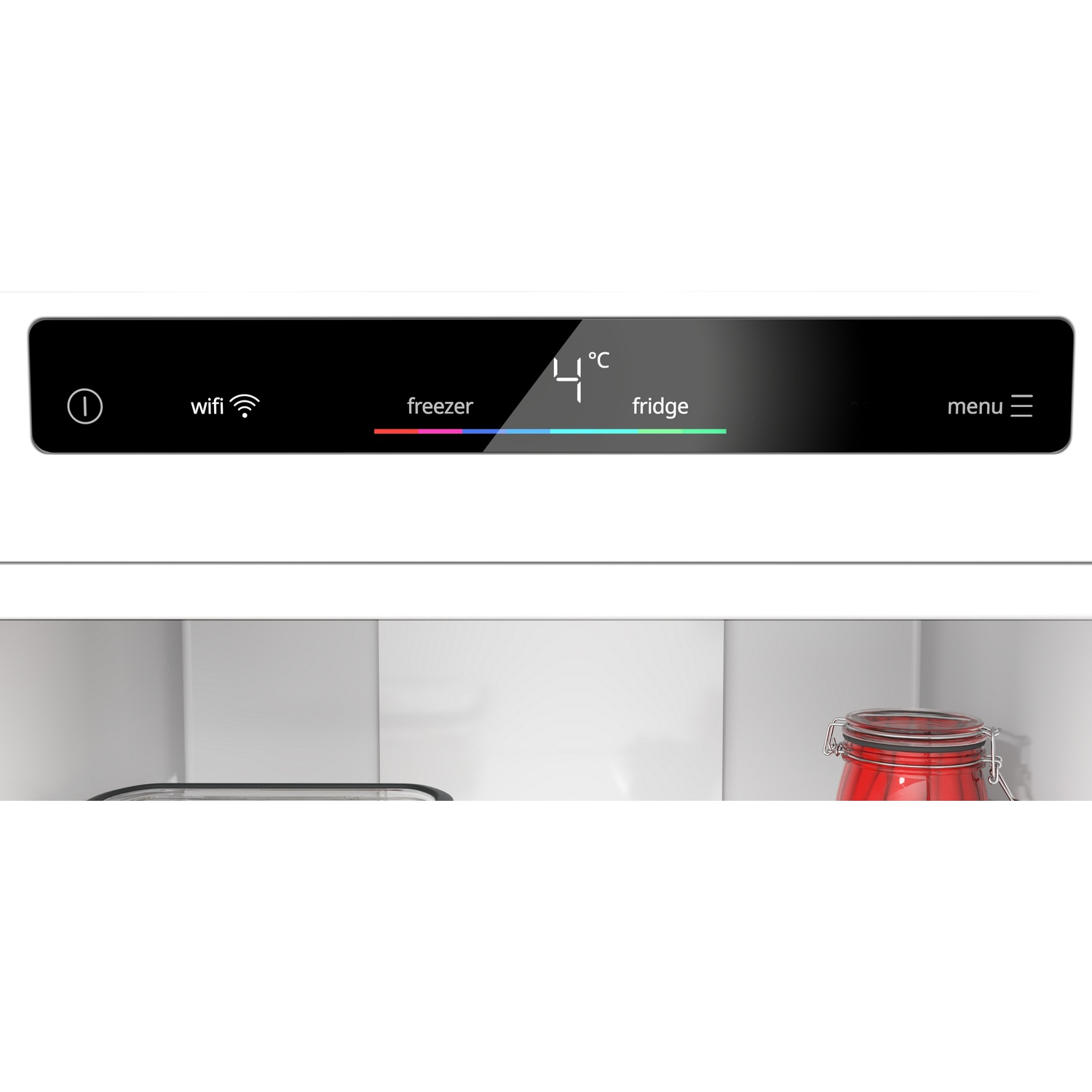 A white refrigerator panel with a black display shows settings, with a red glass jar visible in the compartment below.
