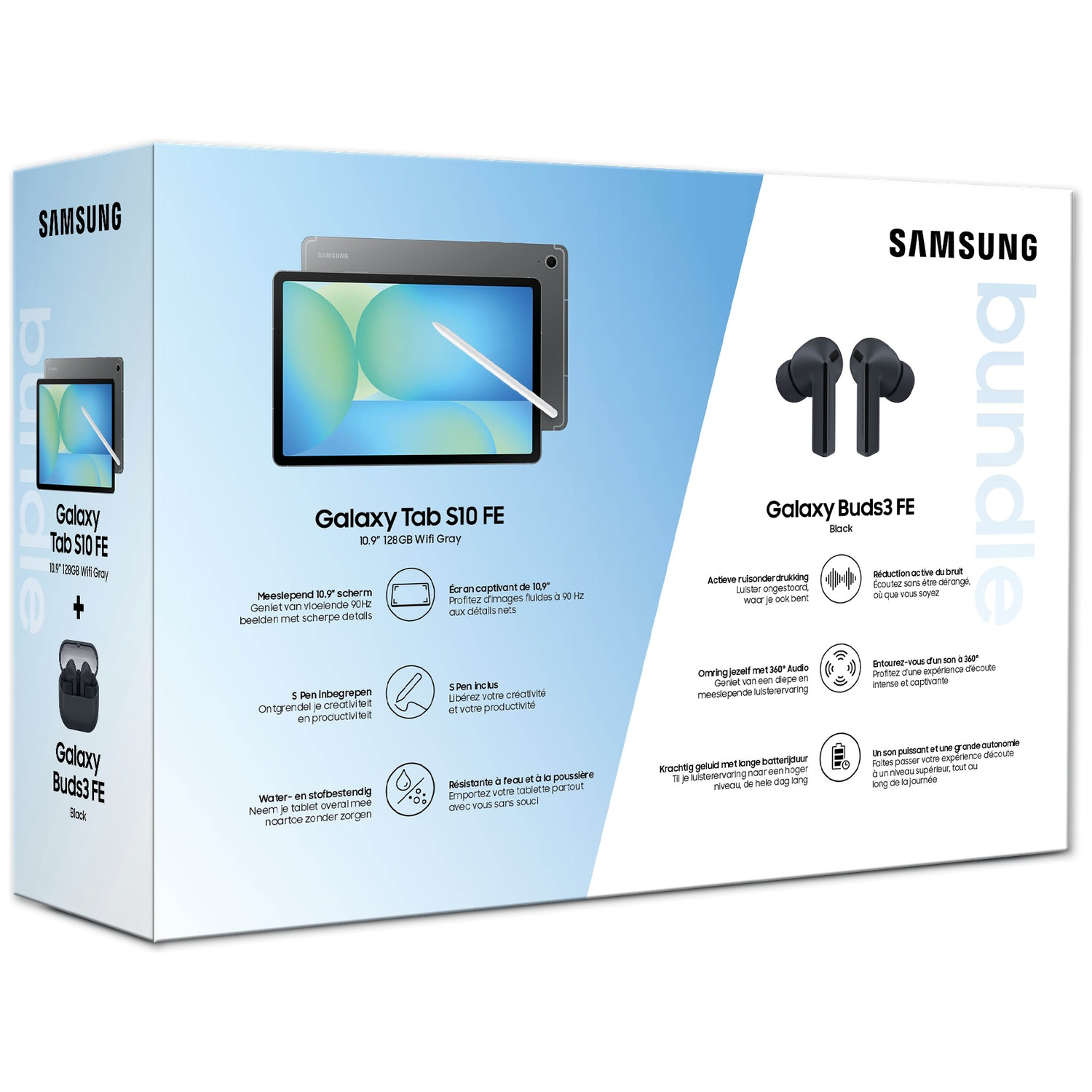 Samsung Galaxy Tab S10 FE en Galaxy Buds3 FE bundelverpakking in wit en blauw.