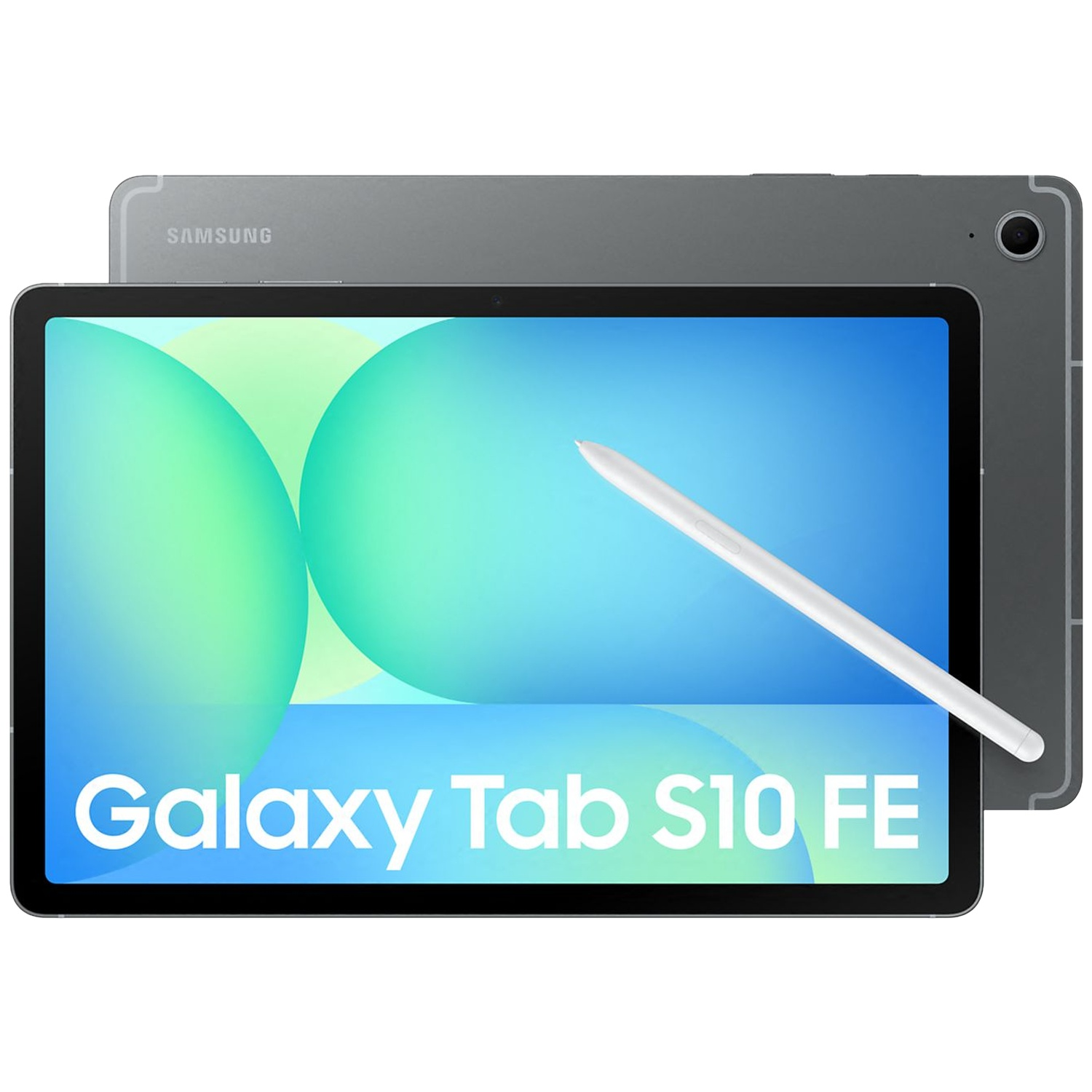 Grijze Samsung Galaxy Tab S10 FE met S Pen en blauwgroen scherm.