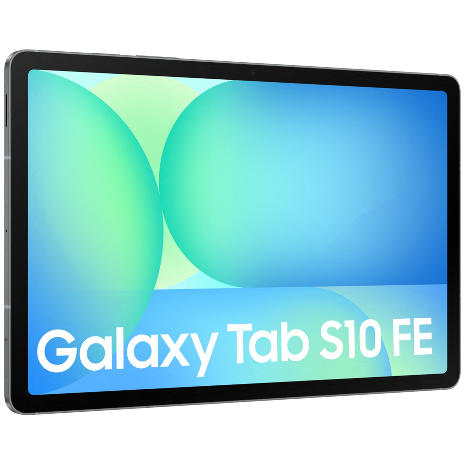 Een Galaxy Tab S10 FE tablet met een blauw en groen abstract scherm.