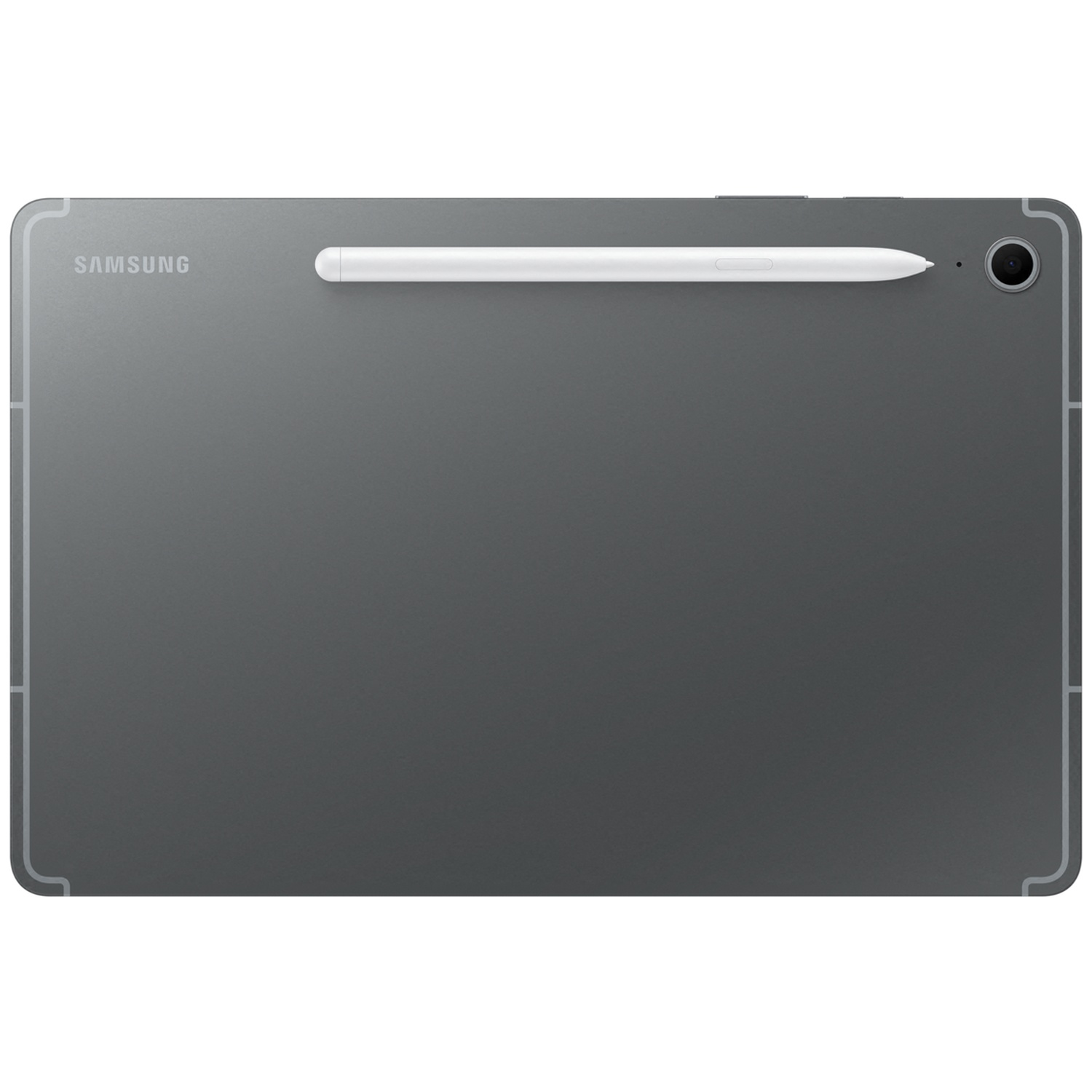Achterkant van een grijze Samsung-tablet met een bevestigde witte stylus en camera.