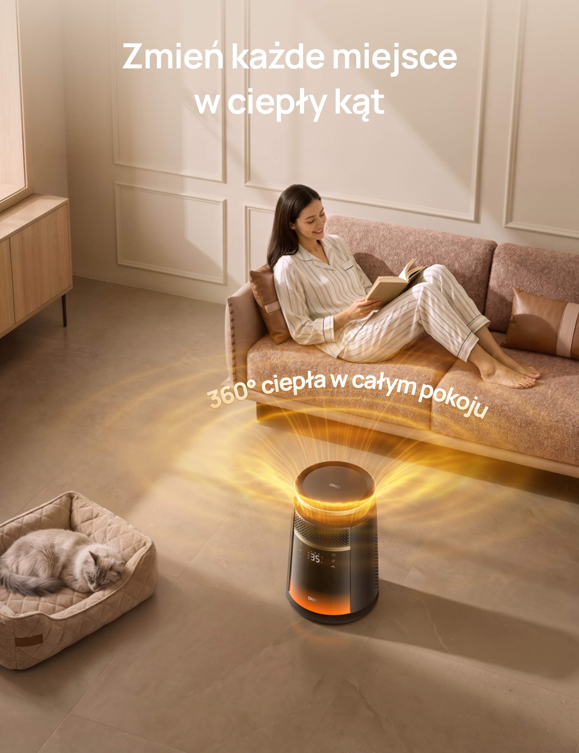 Kobieta czyta na kanapie obok grzejnika, a kot śpi w swoim legowisku.
