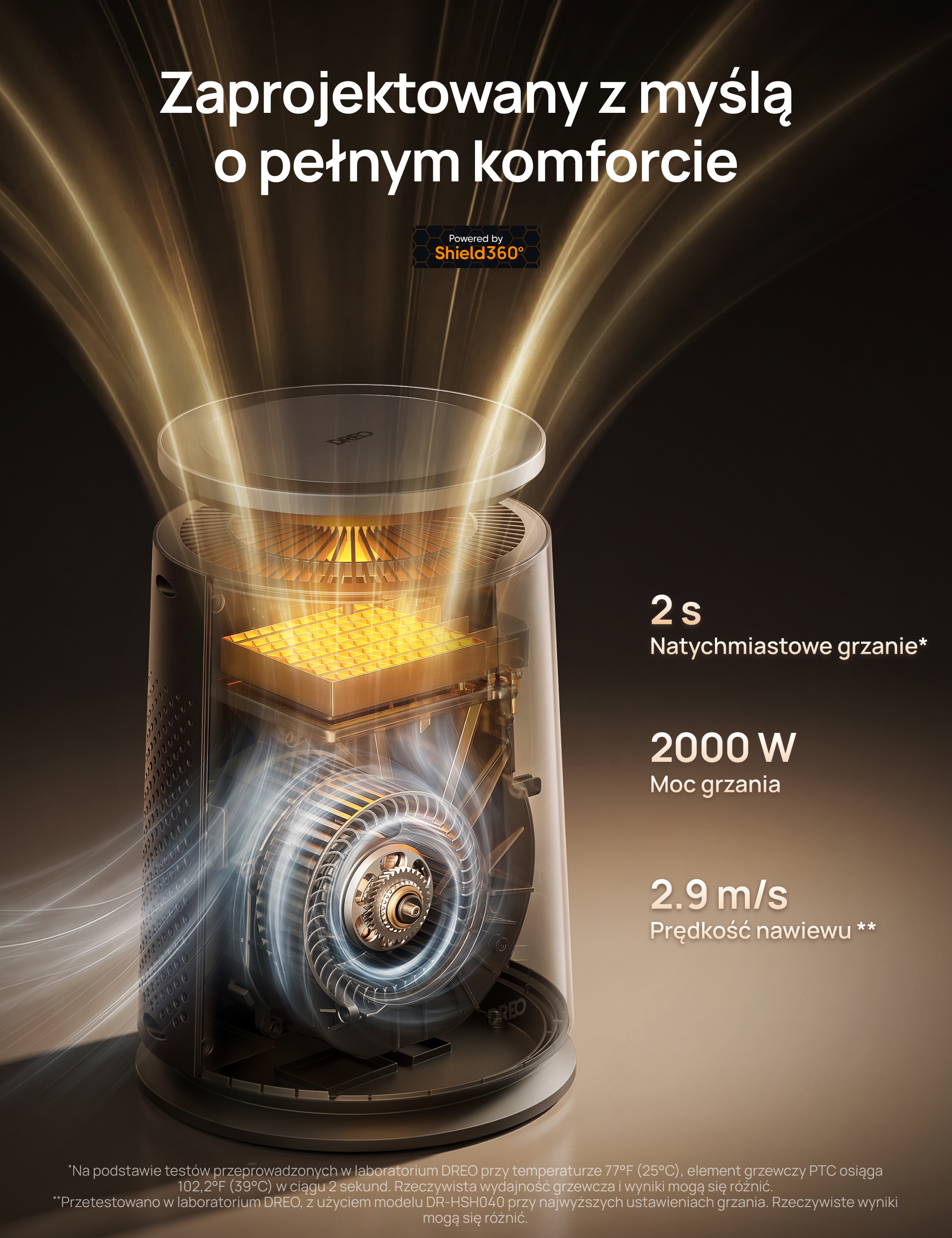 Przekrój czarnego grzejnika pokazujący silnik wewnętrzny, element grzejny i złoty strumień powietrza.