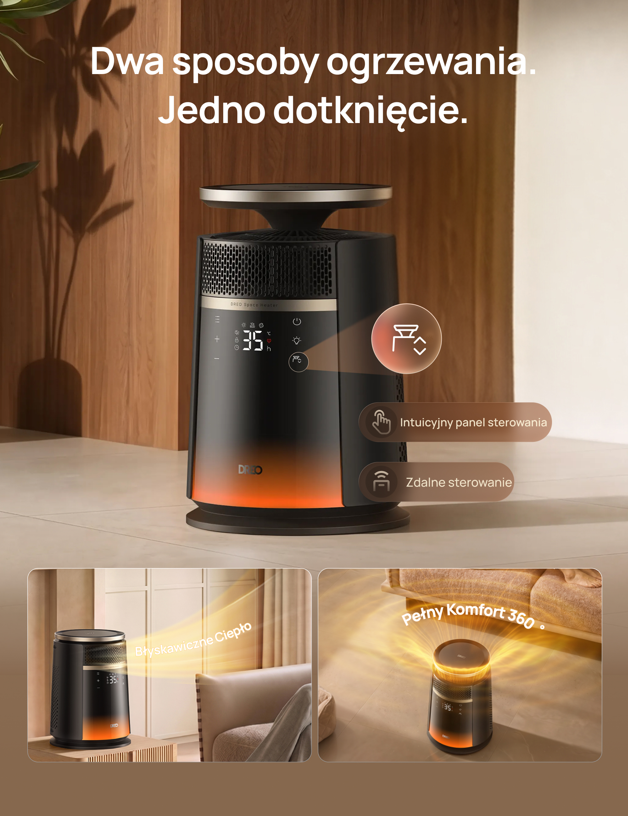 Czarny termowentylator z cyfrowym wyświetlaczem i pomarańczowym blaskiem, pokazany z grafikami.