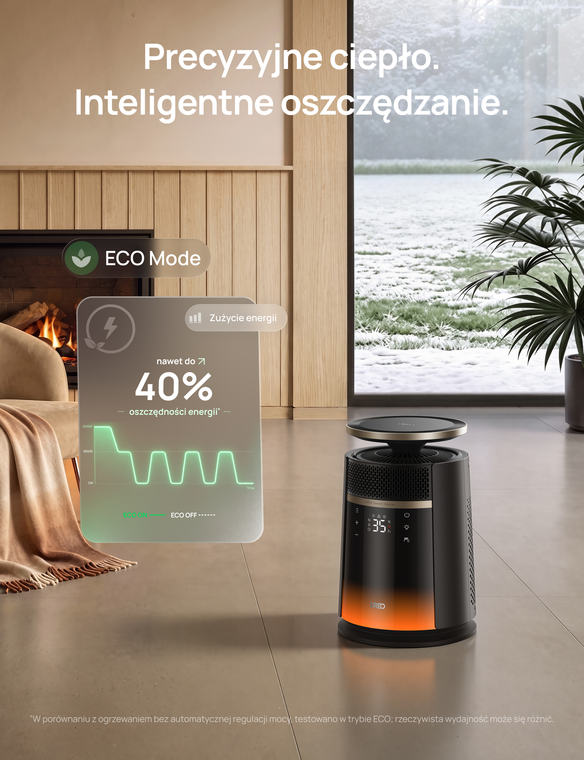 Czarny termowentylator stoi w nowoczesnym salonie z widokiem na zaśnieżony krajobraz.