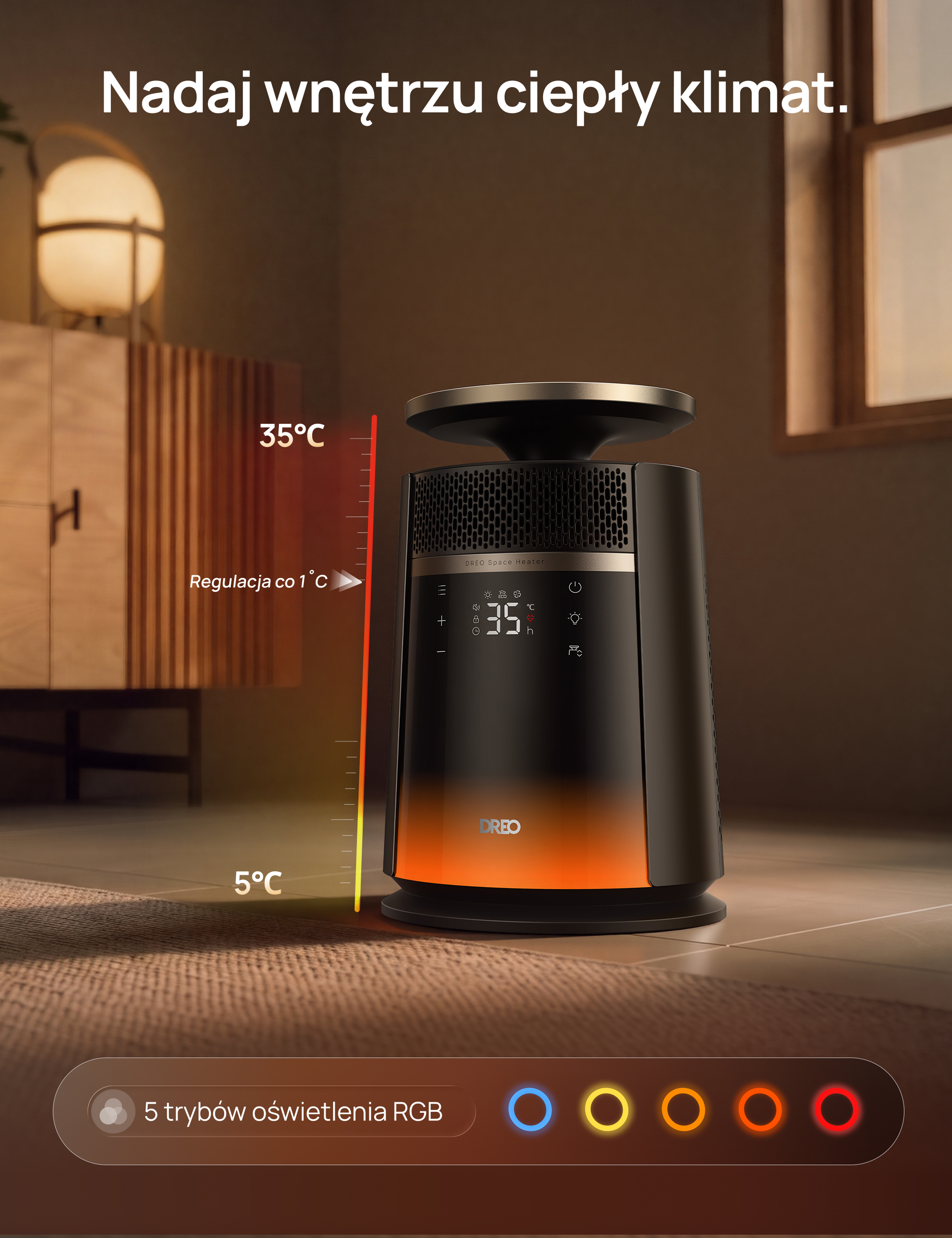 Czarny termowentylator Dreo z cyfrowym wyświetlaczem i ciepłym światłem RGB w przytulnym pokoju.