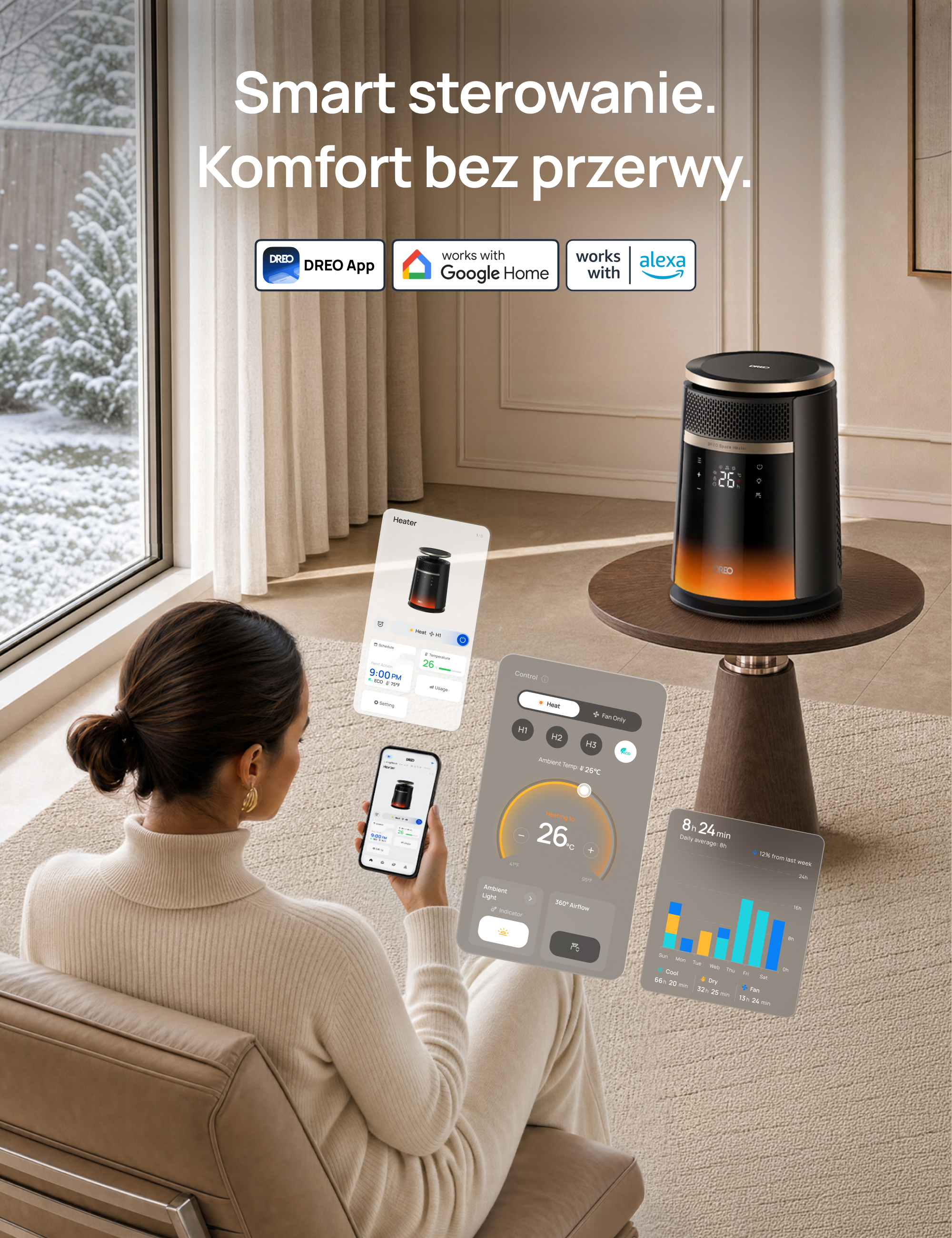 Kobieta siedzi w fotelu i używa smartfona do sterowania czarnym grzejnikiem.