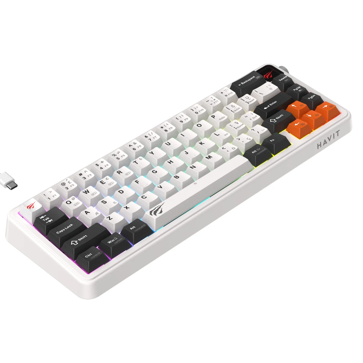 Siyah, beyaz ve turuncu tuş kapaklarına, RGB arka aydınlatmaya sahip kompakt beyaz mekanik klavye.