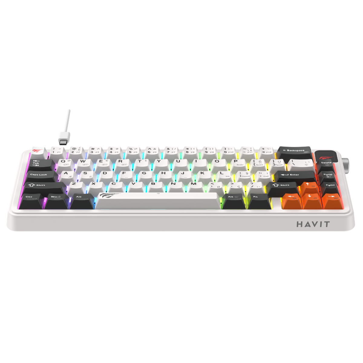 Beyaz bir masada RGB arka aydınlatmalı ve turuncu detaylı beyaz mekanik klavye.