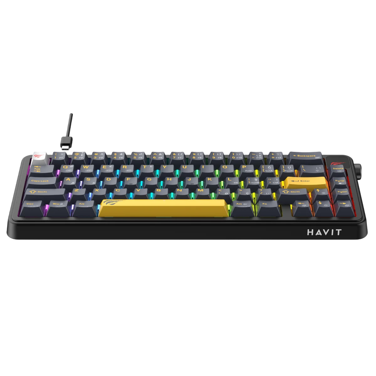 Siyah arka planda sarı detaylı ve RGB aydınlatmalı siyah Havit klavye.