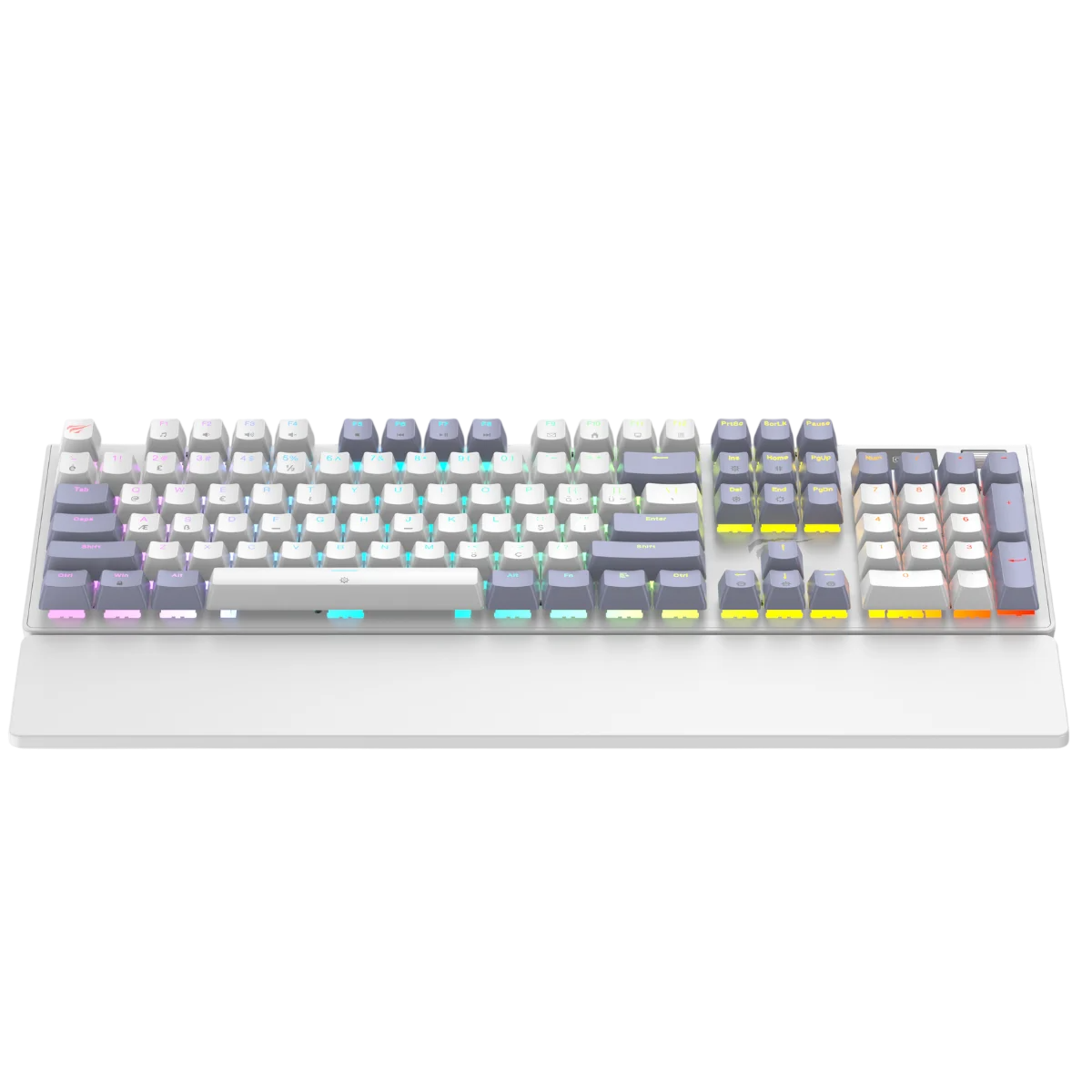 Renkli RGB arka aydınlatmalı ve bilek destekli, önden görünen beyaz mekanik oyuncu klavyesi.
