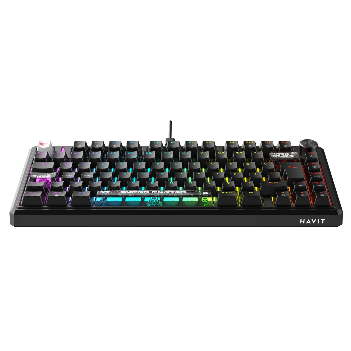 Canlı RGB arka aydınlatmalı ve HAVIT logolu siyah mekanik oyuncu klavyesi.