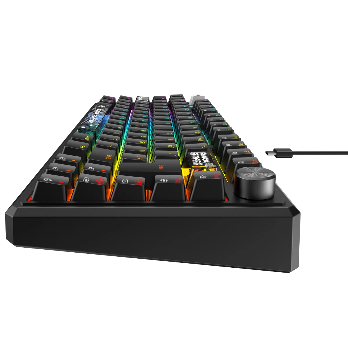 RGB arka aydınlatmalı, ses kontrol düğmeli ve USB-C kablolu siyah mekanik oyun klavyesi.