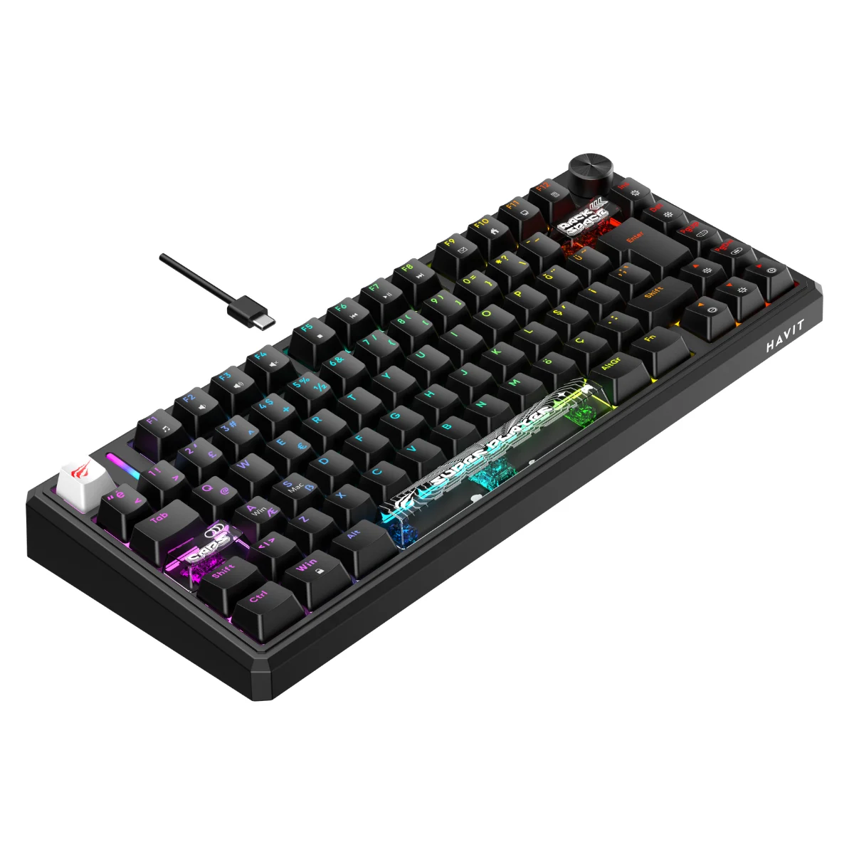 RGB arka aydınlatmalı, ses kontrol düğmeli ve USB-C kablolu siyah mekanik oyun klavyesi.