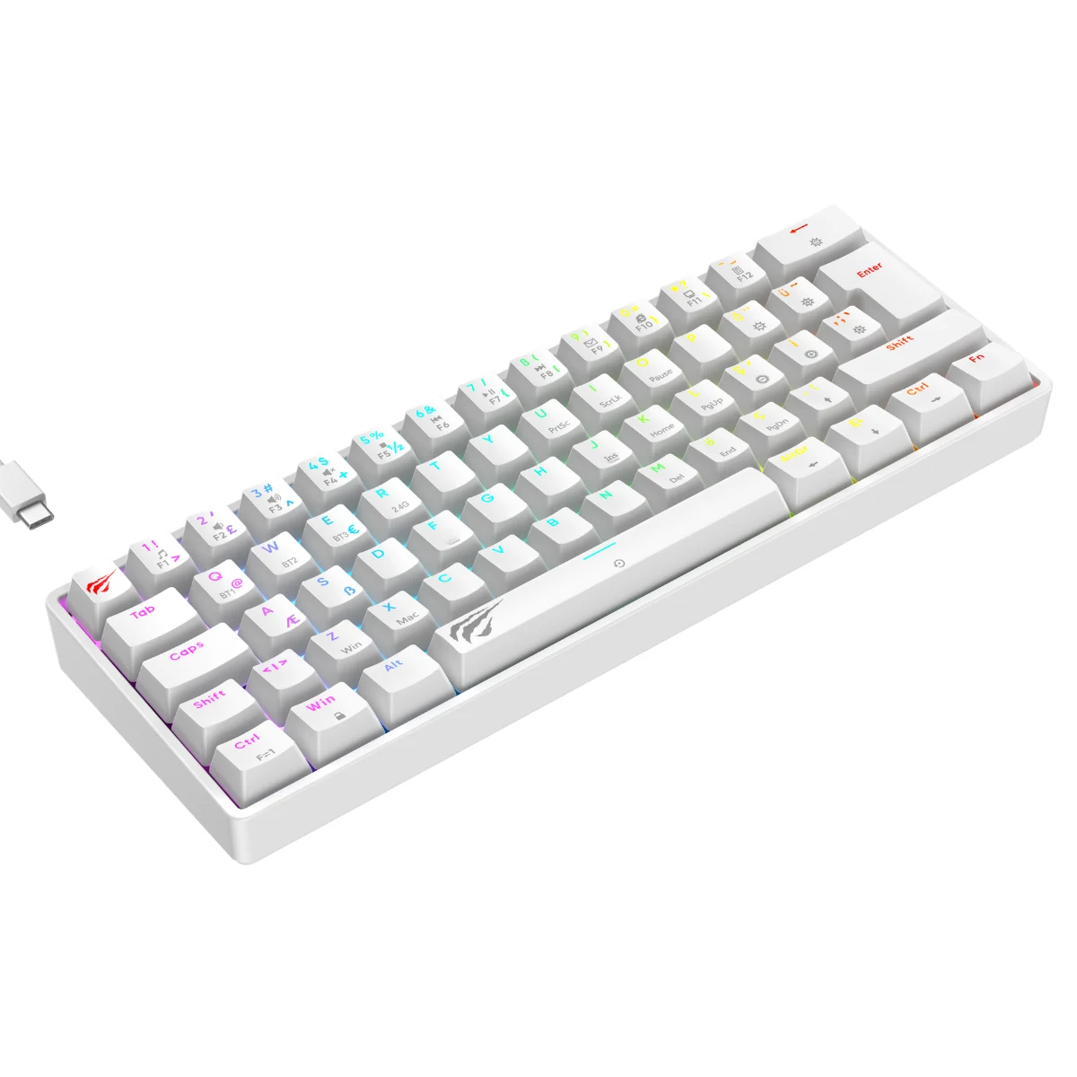 Renkli RGB arka aydınlatmalı ve açık arka planda ayrılmış USB-C kablosuna sahip beyaz kompakt mekanik klavye.