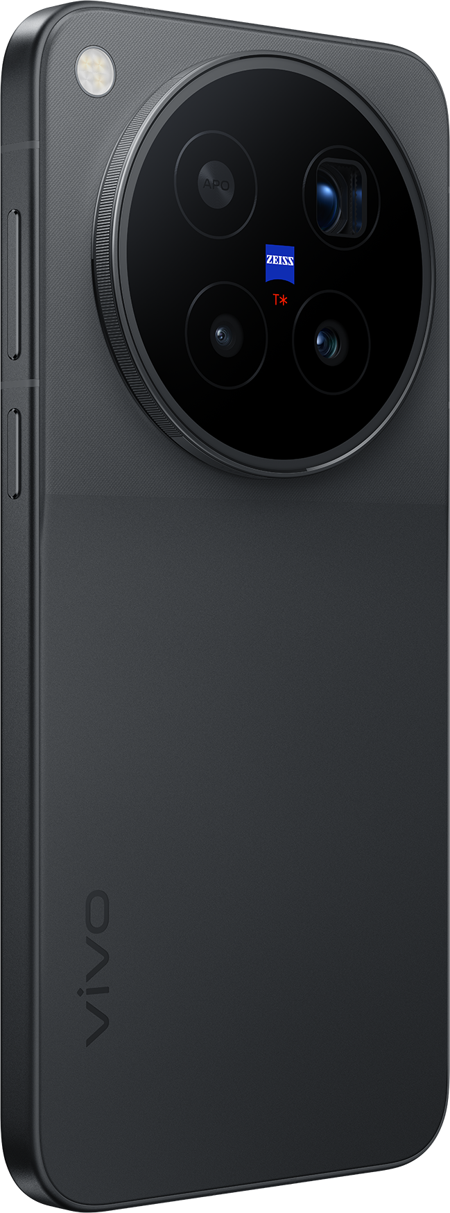 Egy sötétszürke Vivo okostelefon hátlapja, amelyen egy nagy, kör alakú kamera-modul, több lencse és a Zeiss logó látható.