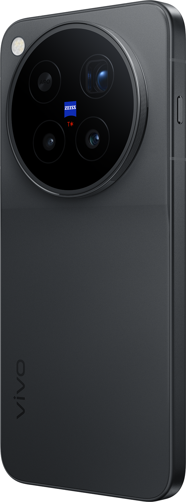 Egy fekete vivo okostelefon hátlapja, nagy kör alakú kameraszigettel és Zeiss logóval.