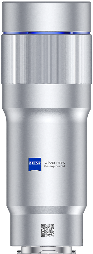 Ezüst Zeiss Vivo kamera lencse kék LED-del és QR kóddal.