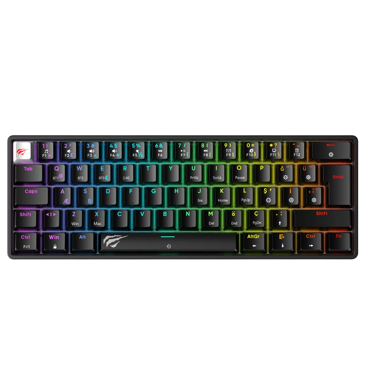 Siyah arka plan üzerinde çok renkli RGB arka aydınlatmalı siyah mekanik mini klavye.