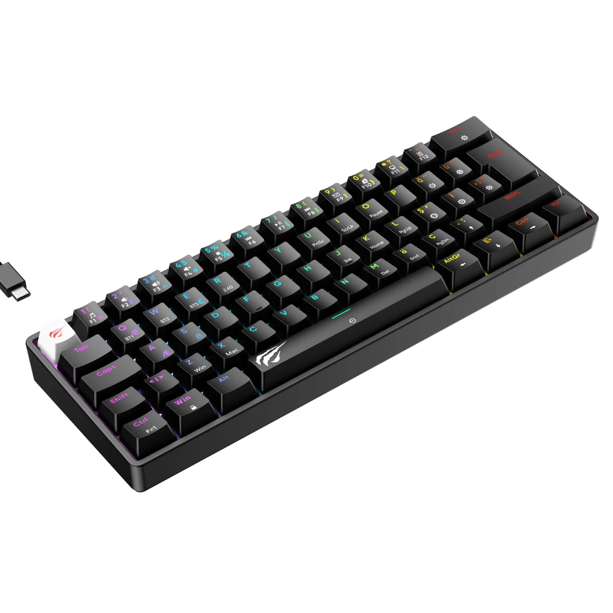 Beyaz arka planda RGB arka aydınlatmalı ve ayrı bir USB-C konektörüne sahip siyah kompakt oyuncu klavyesi.