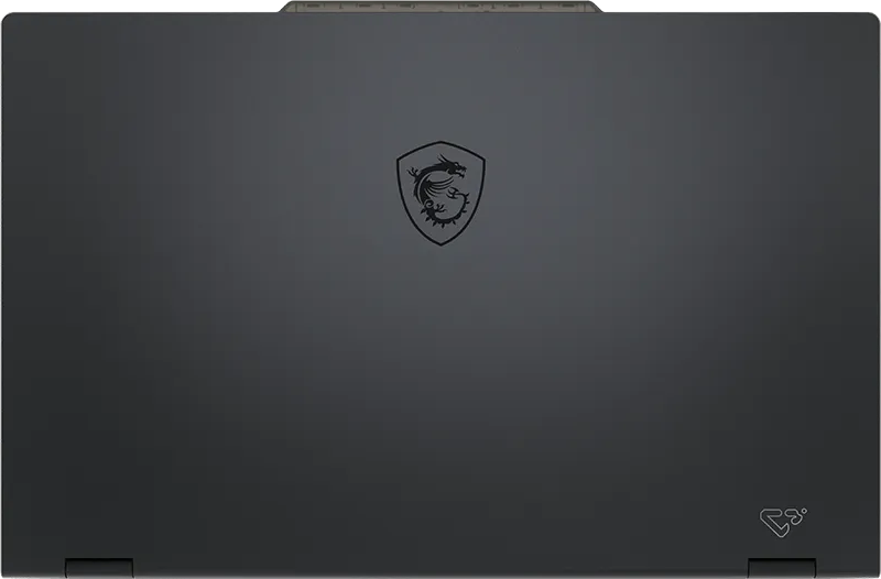 Sötétszürke laptop hátlap középen fekete sárkány logóval és egy kis szimbólummal a jobb alsó sarokban.
