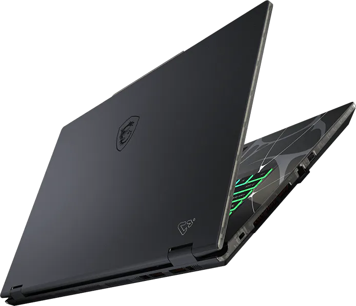Egy fekete MSI gamer laptop zöld háttérvilágítású billentyűzettel és sárkány logóval fekete háttér előtt.