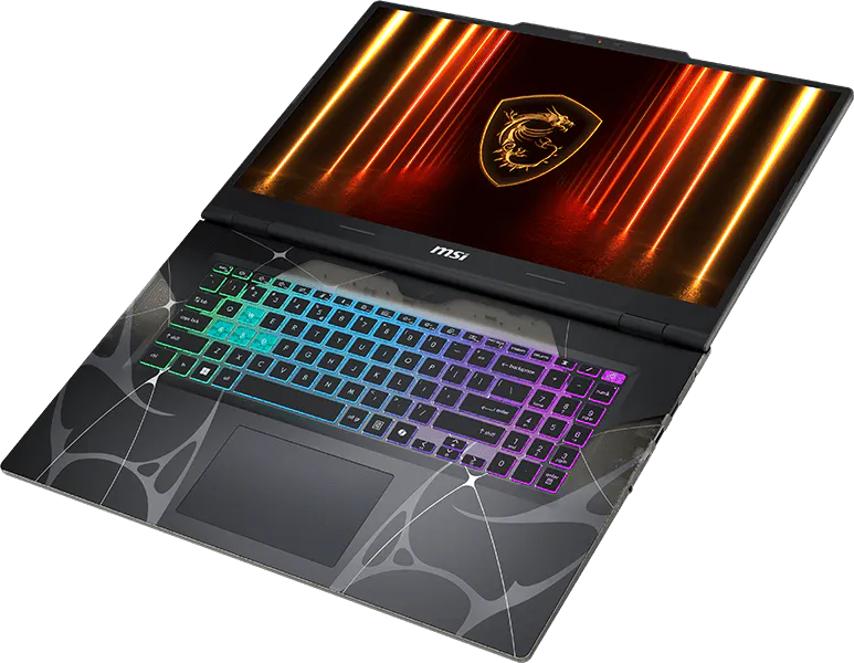 MSI gamer laptop RGB billentyűzettel, sárkány logóval a képernyőn és szürke törzsi mintával.