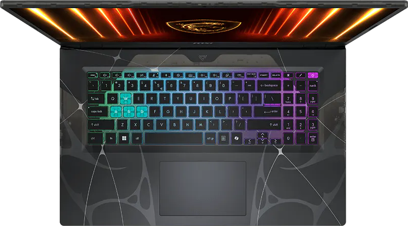 Játékosoknak szánt laptop felülnézetben, RGB háttérvilágítású billentyűzettel és ragyogó képernyővel.
