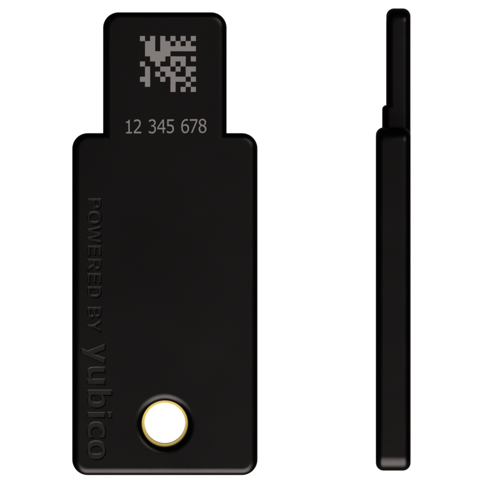 Fekete YubiKey biztonsági kulcs elülső és oldalsó nézetben, aranygyűrűs gombbal és felirattal fekete háttéren.