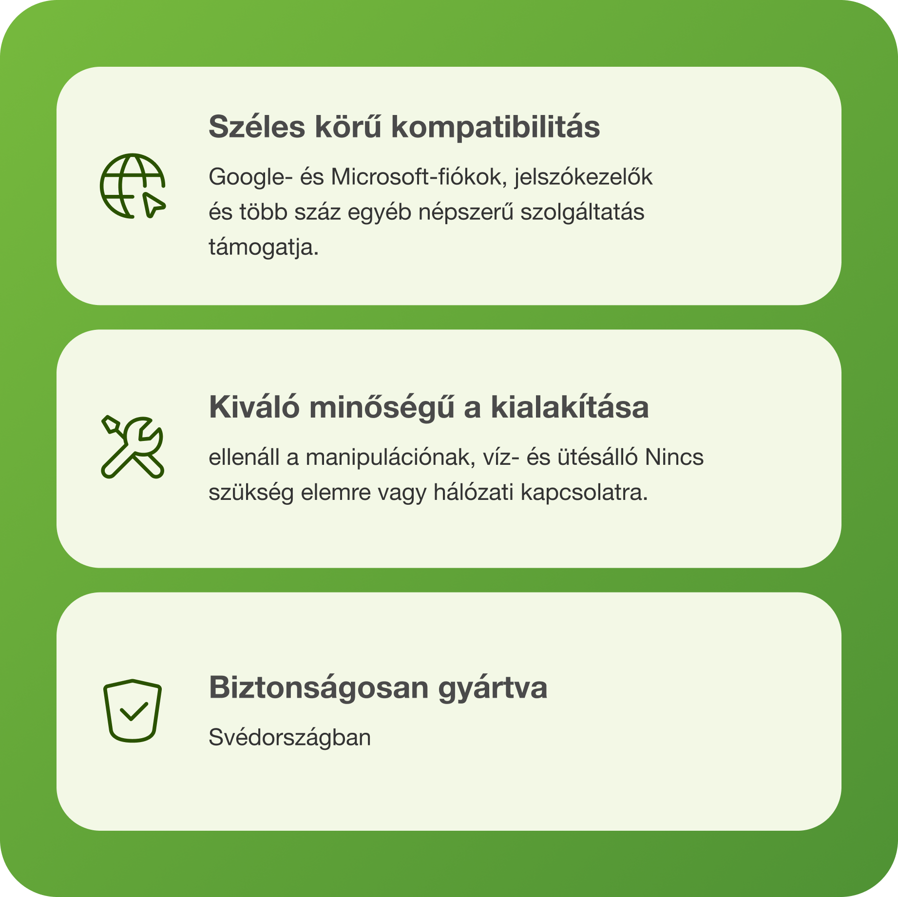 Zöld infografika három fehér dobozzal a kompatibilitásról, minőségről és a biztonságos gyártásról.