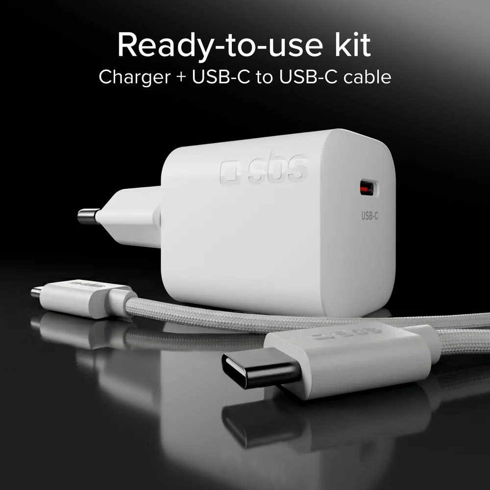 Biała ładowarka USB-C z kablem na czarnym tle z tekstem Zestaw gotowy do użycia.