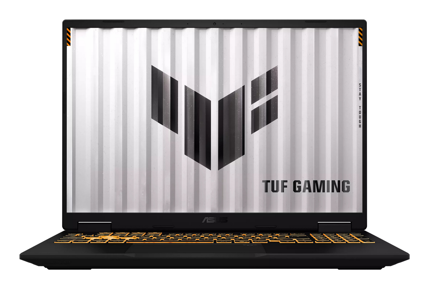 Un ordenador portátil ASUS TUF Gaming con chasis negro y teclado retroiluminado en naranja muestra un logotipo TUF blanco.