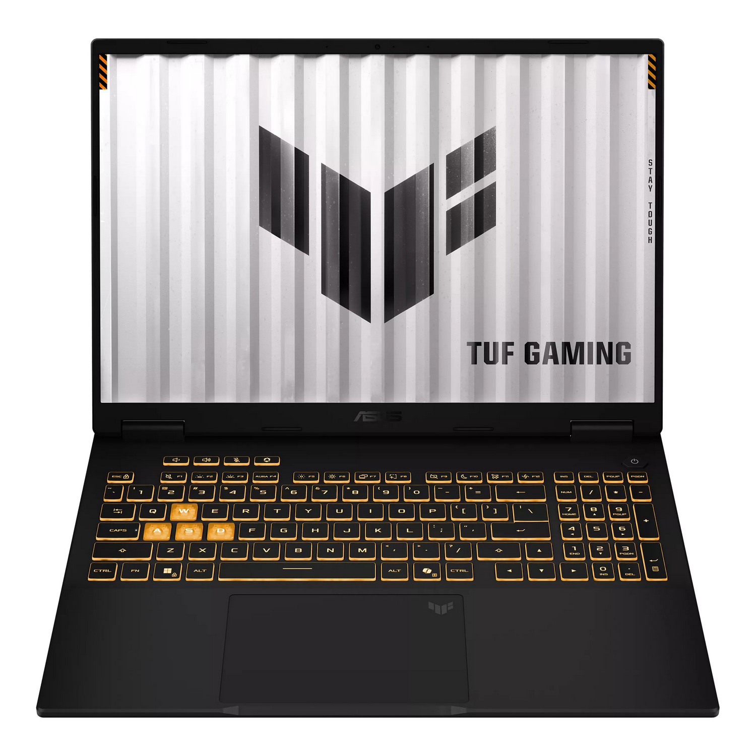 Portátil negro Asus TUF Gaming con teclado amarillo iluminado y logotipo en la pantalla.