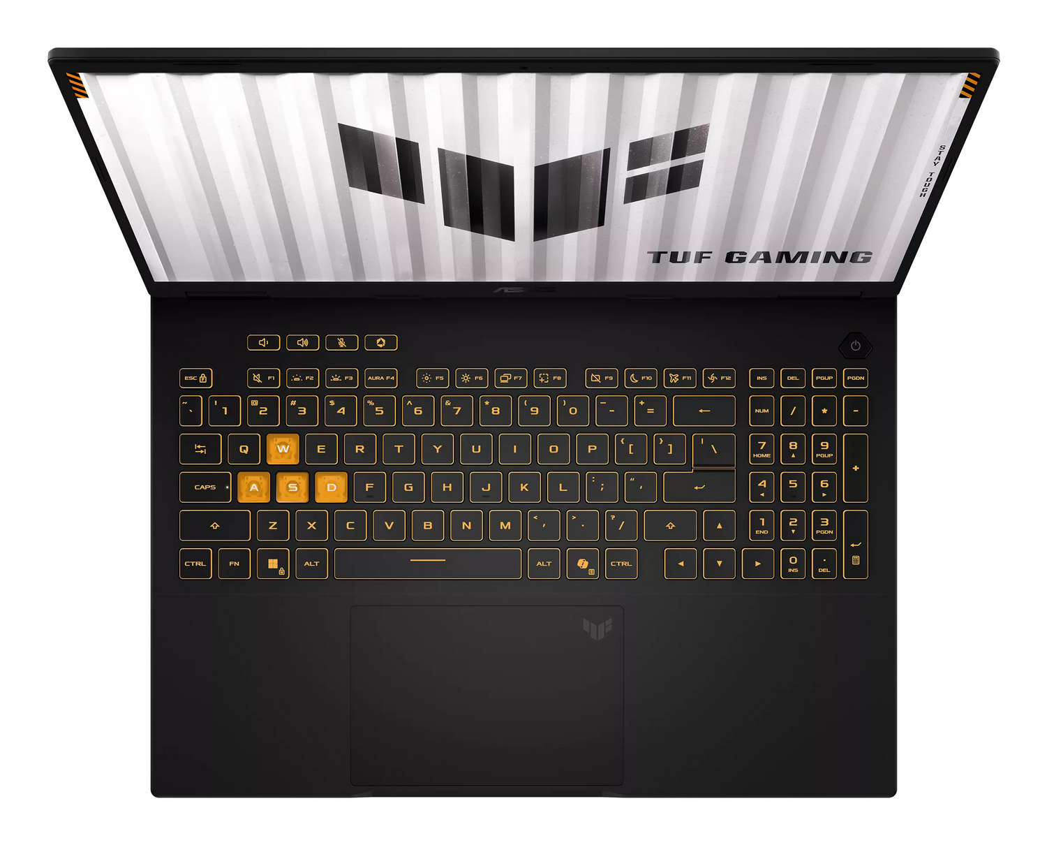 Vista cenital de un portátil Asus TUF Gaming negro abierto con teclado iluminado y teclas WASD resaltadas.