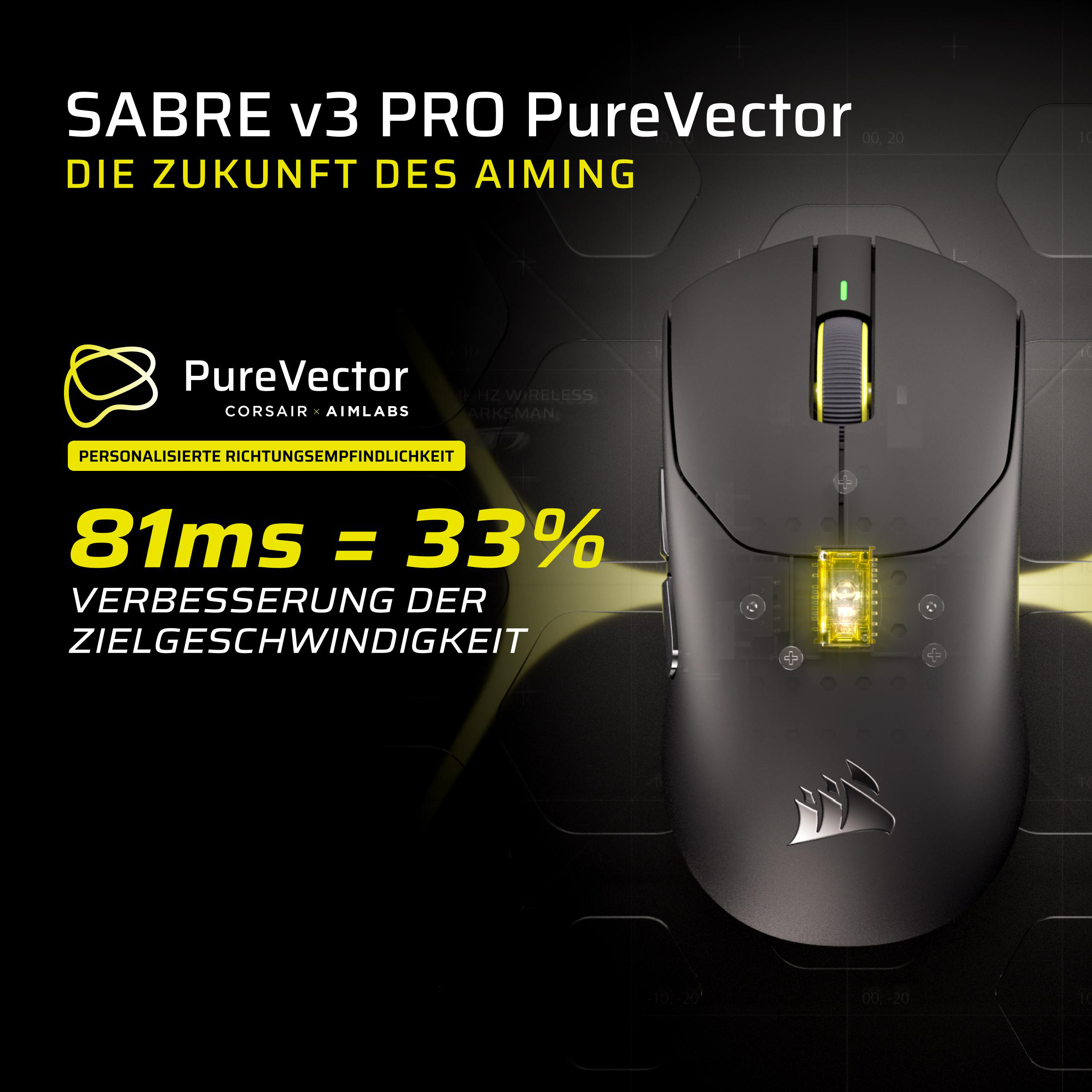 Eine schwarze Corsair-Maus mit Text zu 81ms Geschwindigkeitsverbesserung und PureVector-Technologie.