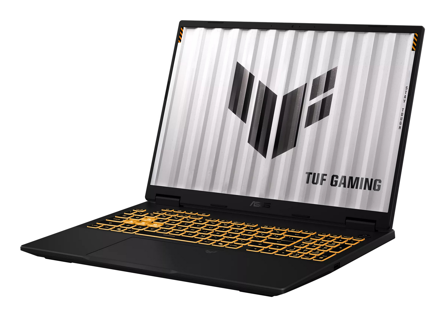 Portátil gaming Asus TUF negro con teclado iluminado y logotipo llamativo en la pantalla.
