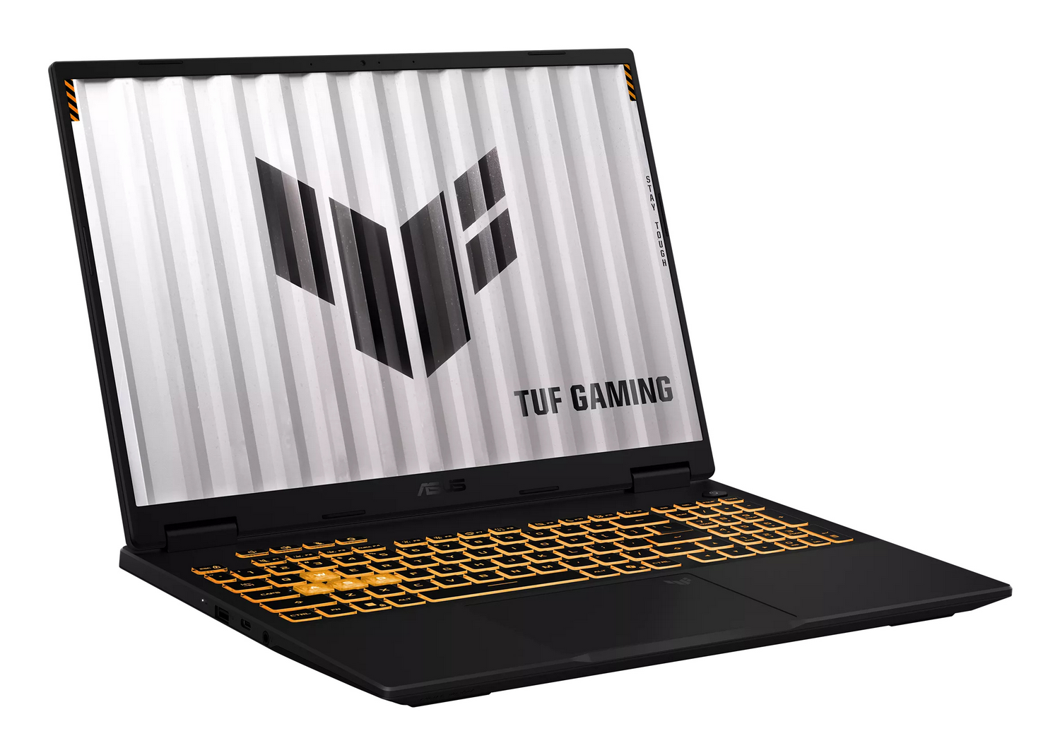 Un ordenador portátil gaming ASUS TUF negro con teclado retroiluminado en naranja y el logo de TUF en la pantalla.