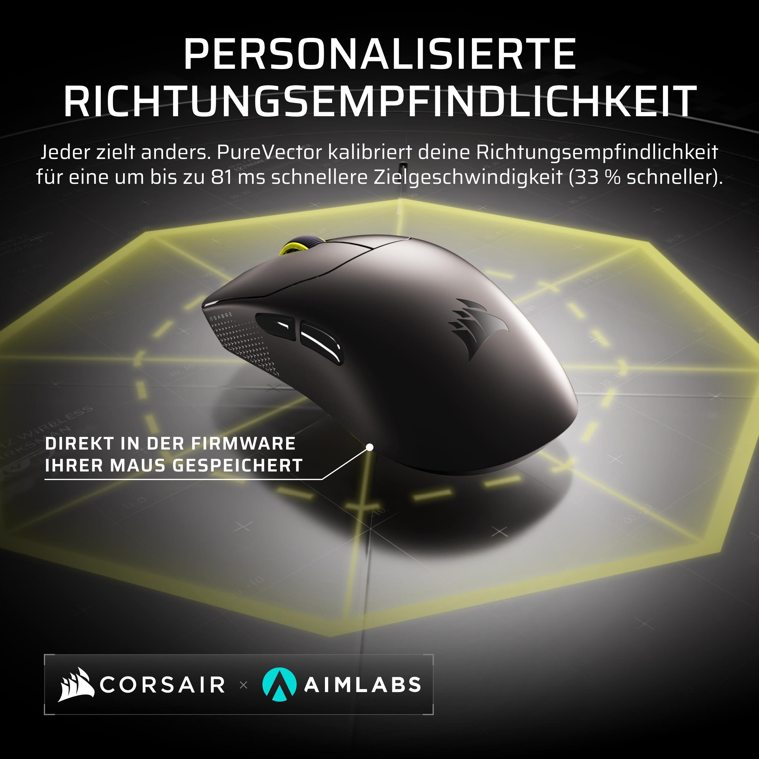 Schwarze Corsair Gaming-Maus auf einer beleuchteten Zielscheibe mit Text.