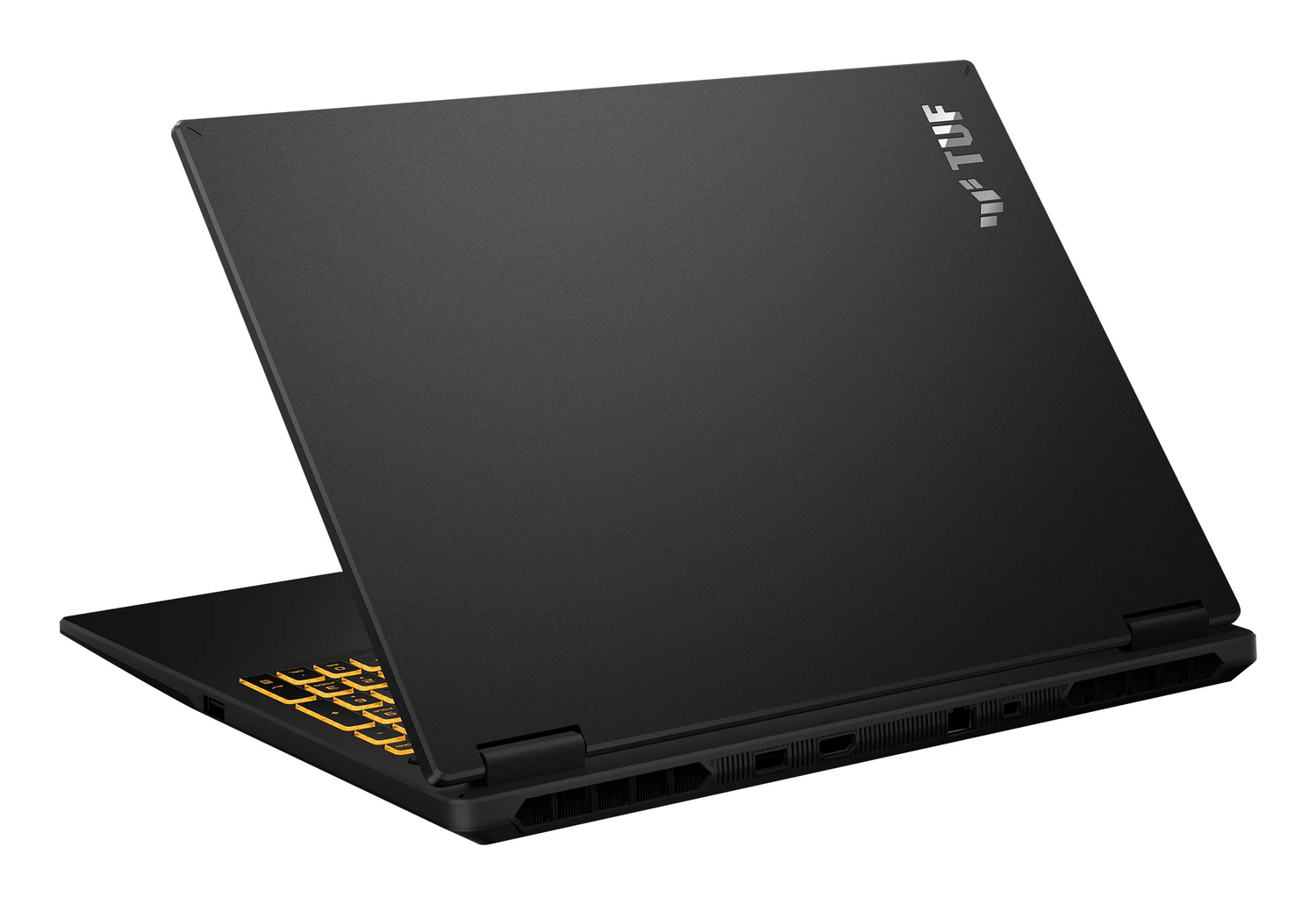 Portátil de juegos Asus TUF negro visto desde atrás con teclado iluminado en naranja.