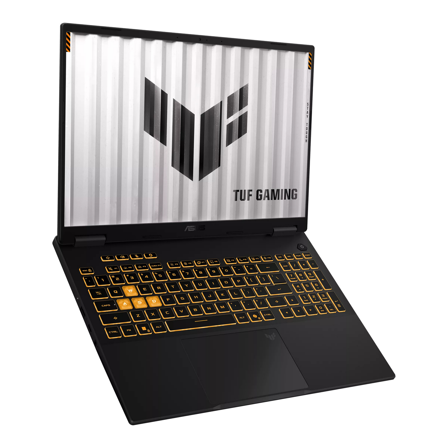 Un ordenador portátil ASUS TUF Gaming negro abierto muestra un fondo de pantalla con marca y teclado retroiluminado en naranja.