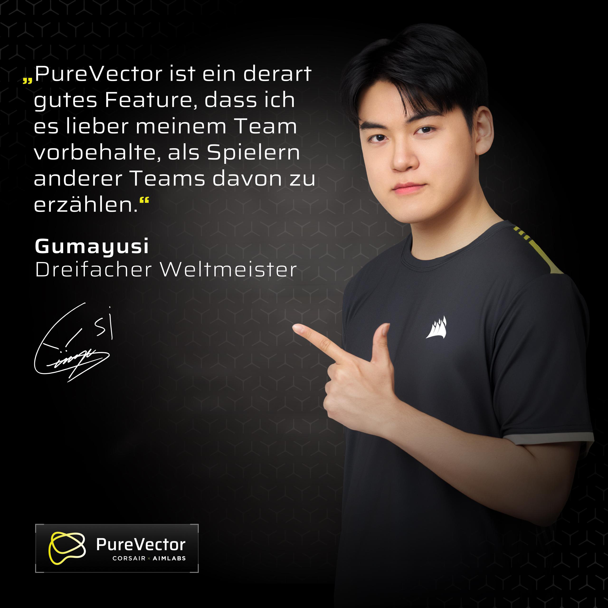 E-Sportler Gumayusi vor schwarzem Hintergrund mit einem Zitat und seinem Autogramm.